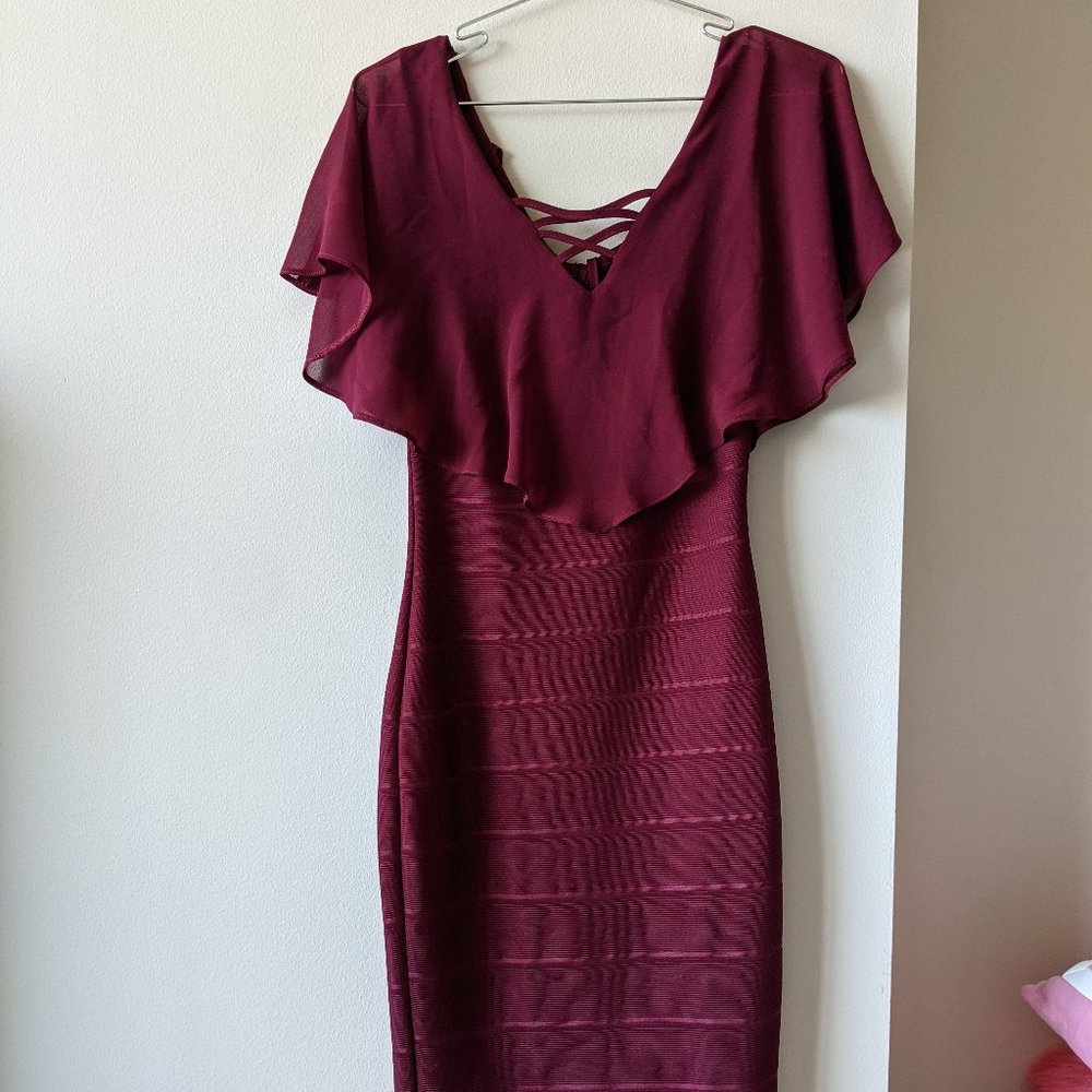 INWEAR Burgundy Red Body Con Midi Dress Ruffles
